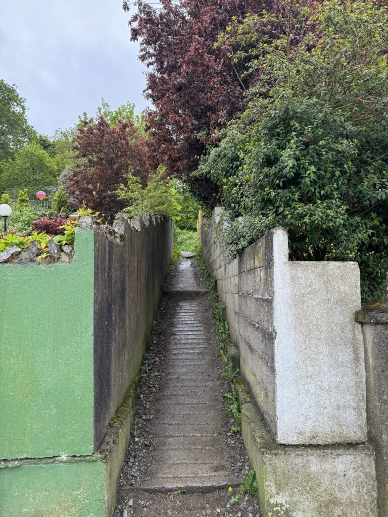 A narrow alleyway between two walls - one green and one white. The end of the alley can be seen in the distance and looks to be full of vegetation and greenery.