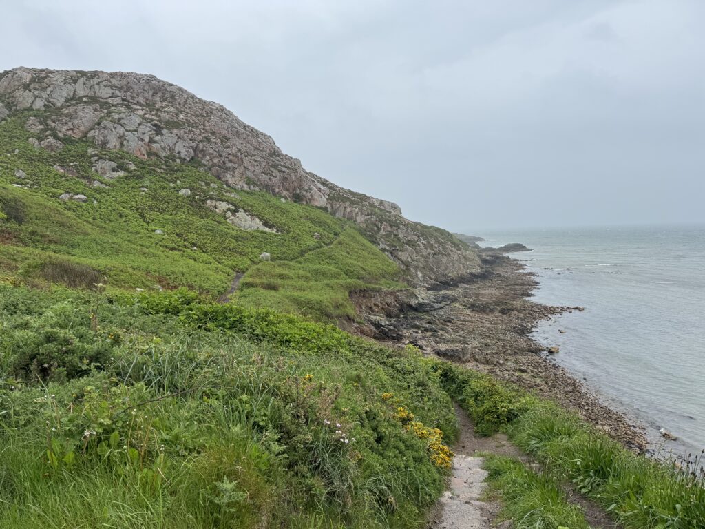 A coastal path with the sea on the right hand side. A rocky hill on the right sweeps down to meet the sea with small cliffs and a rocky beach.