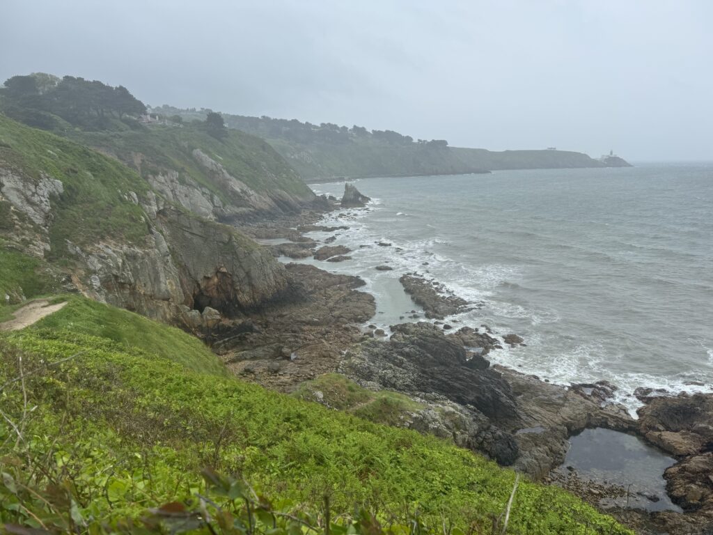 A view of the coast showing cliffs, rocky beaches, coves and outcrops of rock on the left. A grey sea on the right.