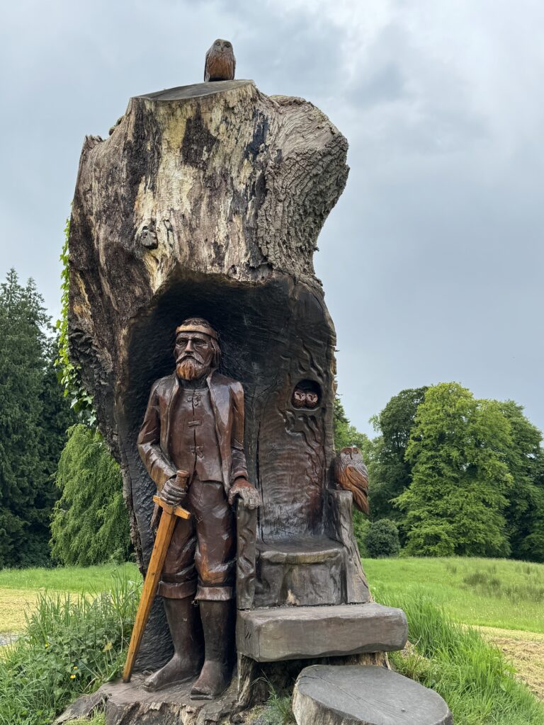 A carving from what is left of the trunk of a very large tree. The carving is of King Malachy was resided nearby in the 11th century long before Belvedere was built.
