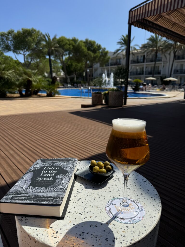A little outdoor table with a glass of beer, a book and a small bowl of olives. Behind the table is wooden decking leading down to an outdoor swimming pool.