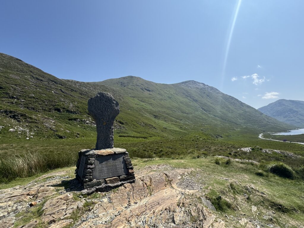 Doolough Famine Memorial at the start of the route for climbing Barrclashcame in the Sheeffry Mountains, County Mayo.