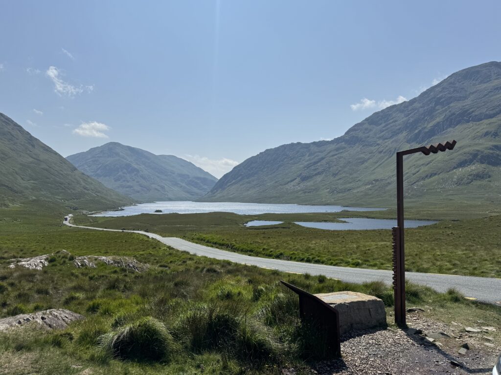 View over Doolough Valley with lakes and surrounding mountains near the starting point for climbing Barrclashcame in Co. Mayo.