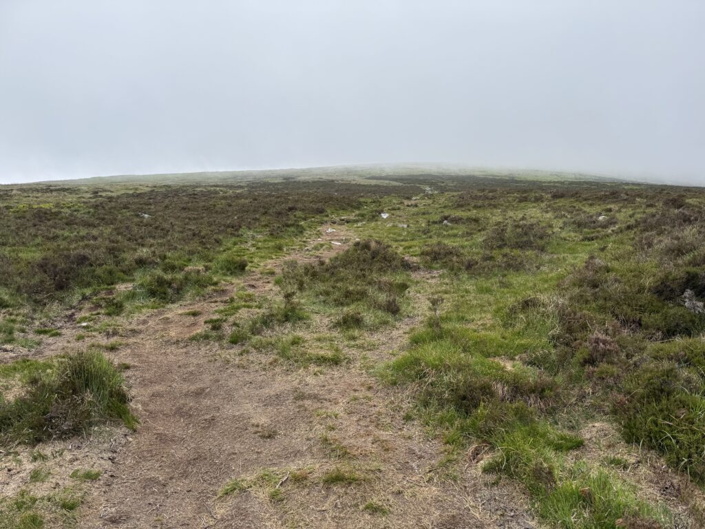 A steep slope with the upper parts of the view obscured by cloud cover.