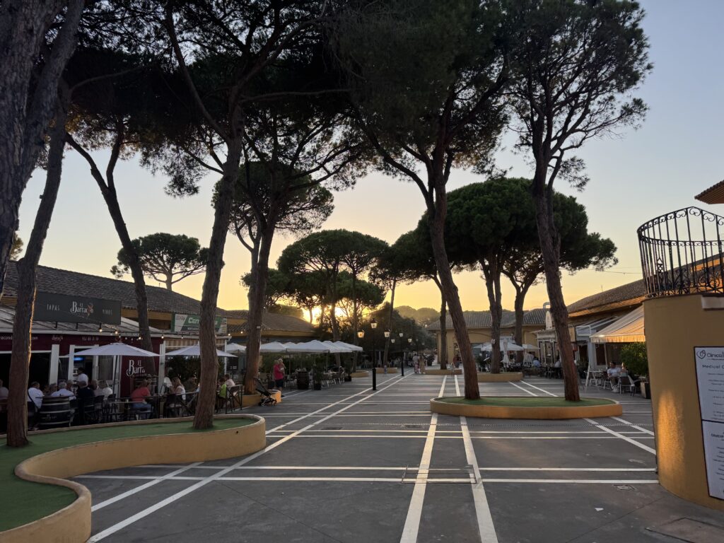 The commercial zone in Elviria with the sun setting in the background.