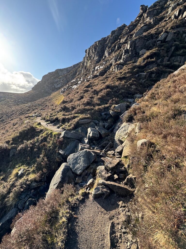 The hillside path on the Slieve Bearnagh Hike approaching Hare’s Gap in the Mourne Mountains.