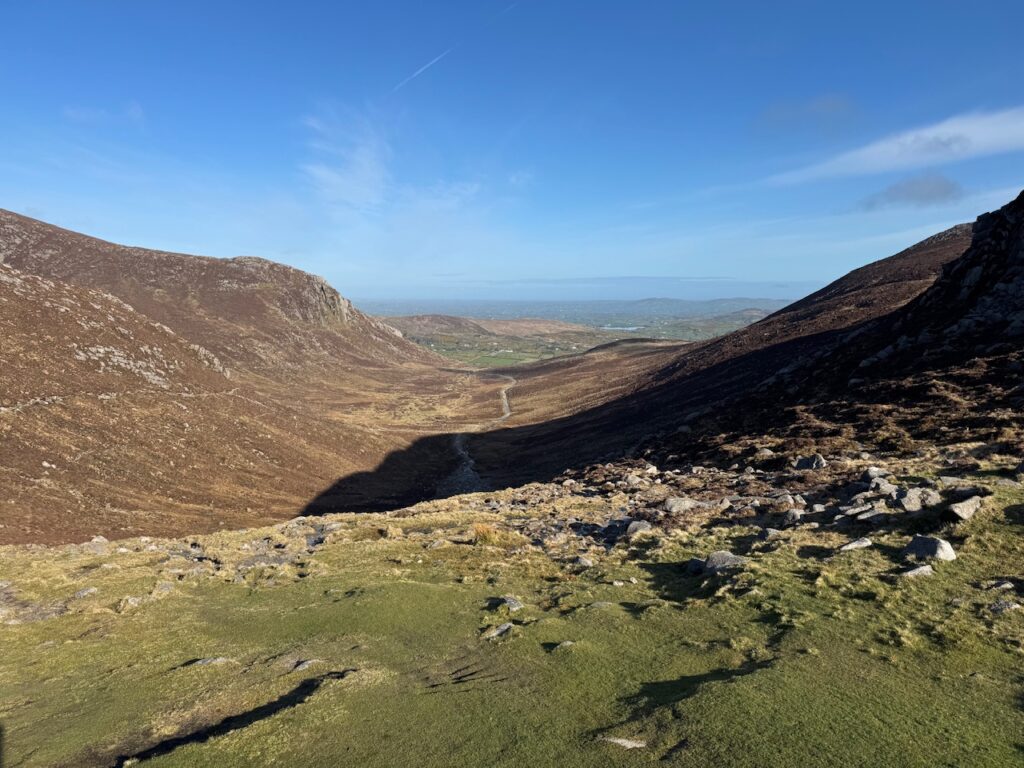 Looking back down the valley from Hare’s Gap towards Trassey Track and the Irish Sea.