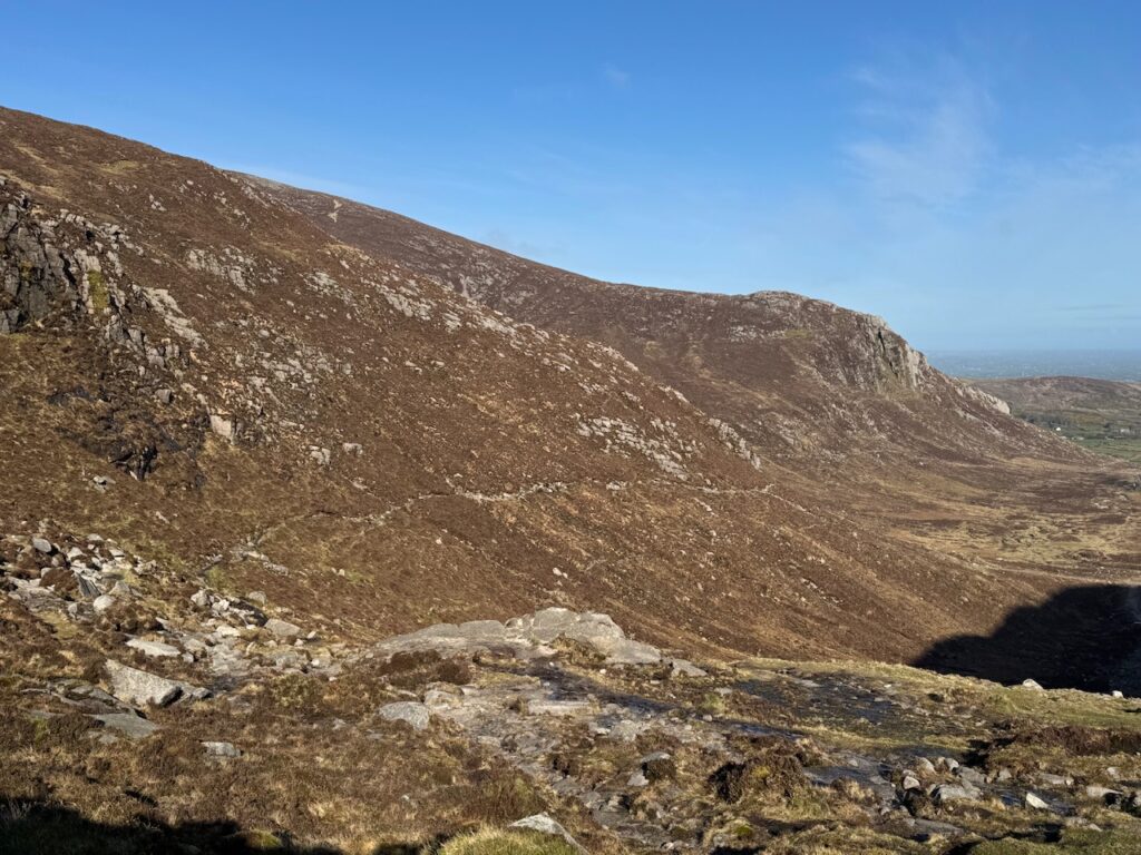 The hillside path below Hare’s Gap on the Slieve Bearnagh Hike in the Mourne Mountains.