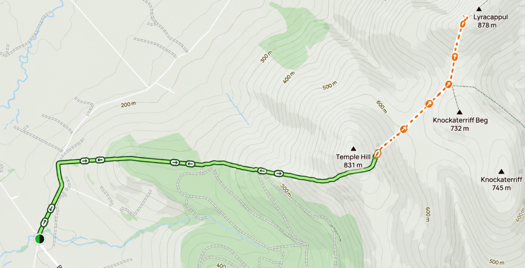 Route map showing the trail from Anglesboro to Temple Hill, with a broken orange line continuing across the mountains towards Lyracappul.