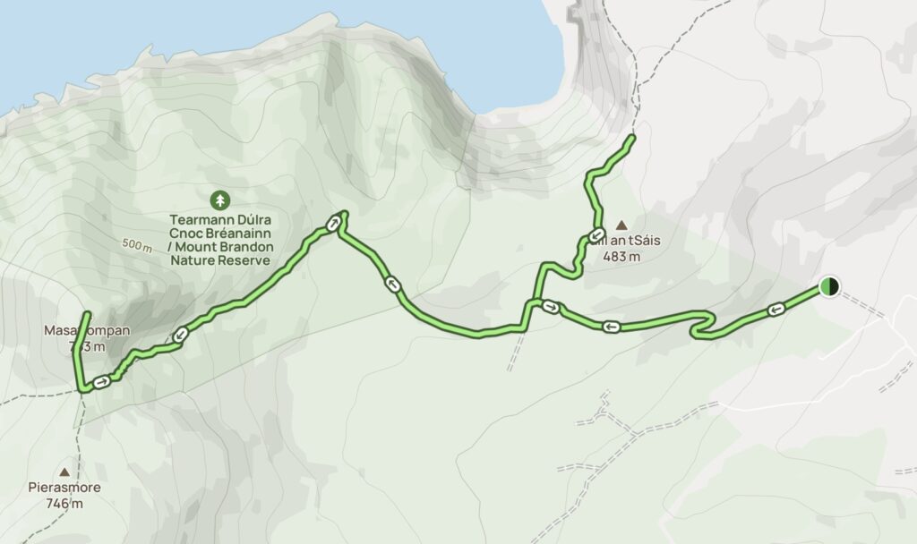 Map showing the hiking route to Sauce Creek and Masatiompan summit on the northern side of the Mount Brandon Range