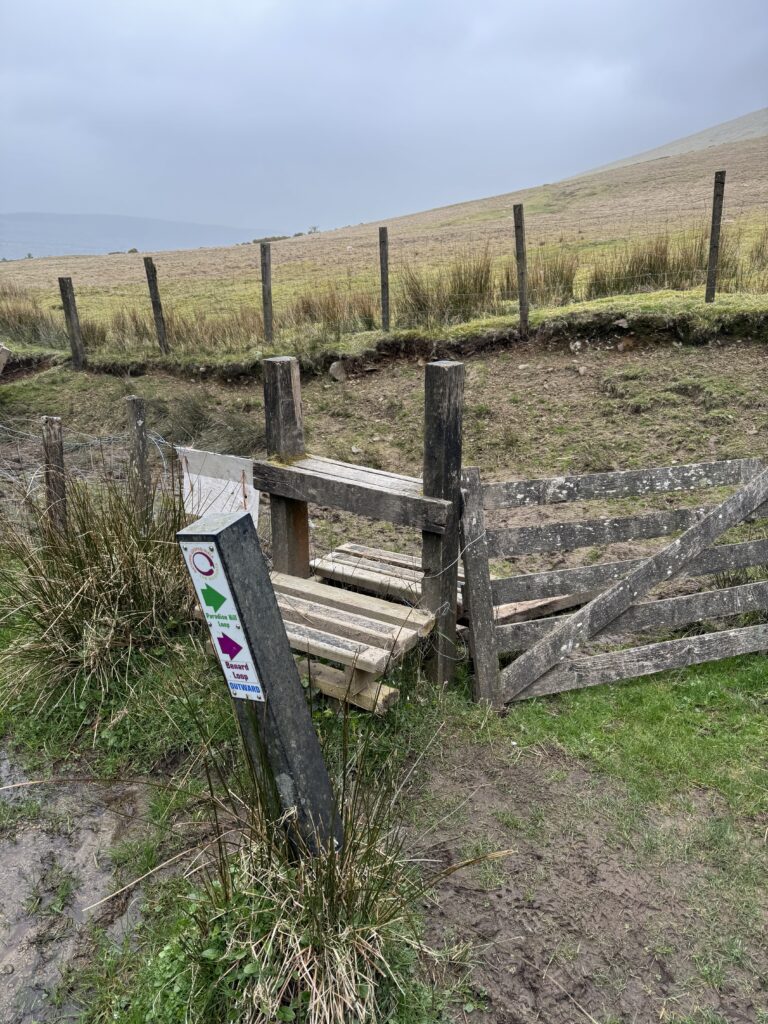 Temple Hill Walk route passing a wooden stile and waymarker beside a fence on the open mountain slopes.