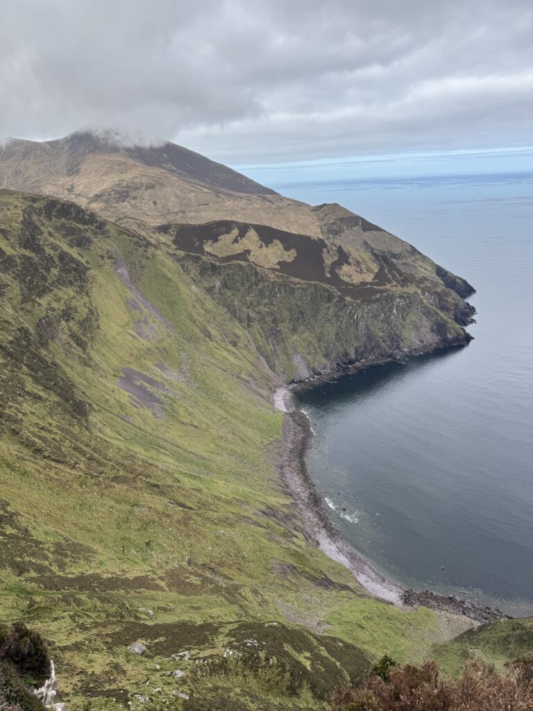 Dramatic view over Sauce Creek on the Masatiompan and Sauce Creek walk, with steep green cliffs dropping to the secluded Atlantic shoreline.