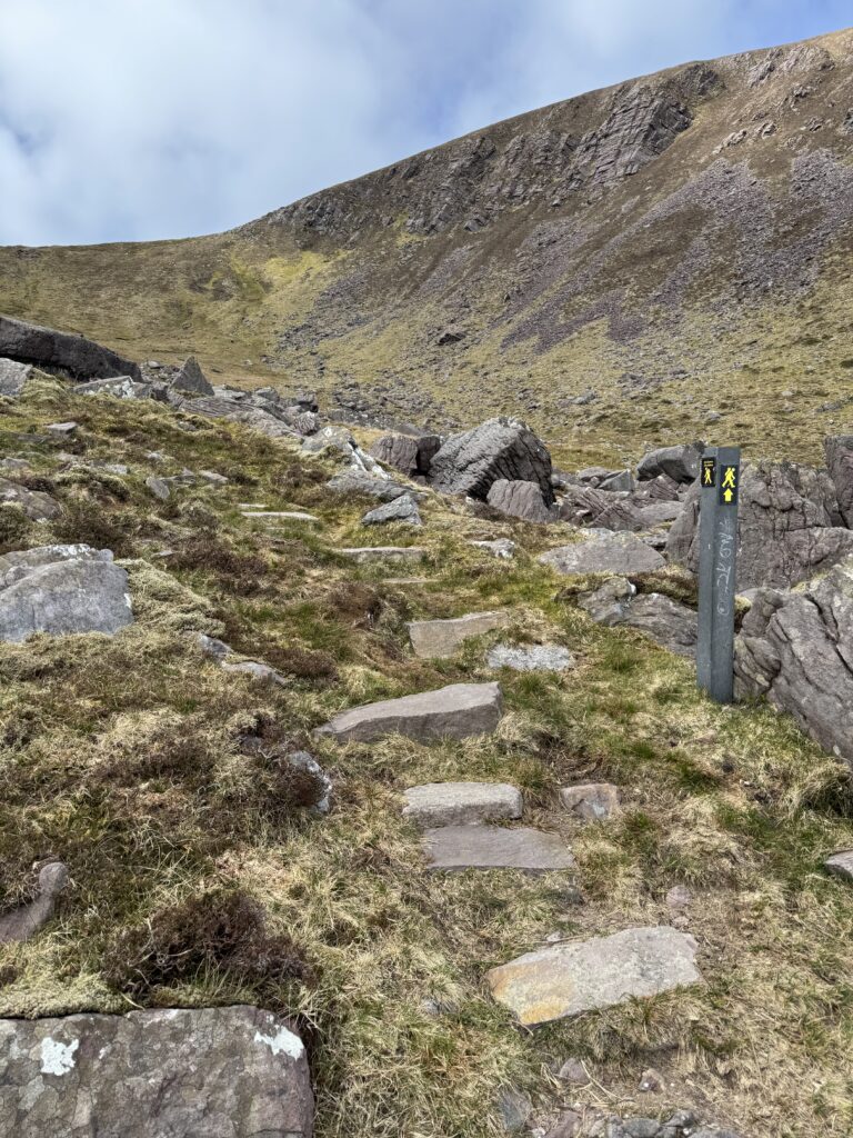 Stone steps and waymarker on the steep ascent during the Masatiompan and Sauce Creek walk, leading towards the mountain saddle.