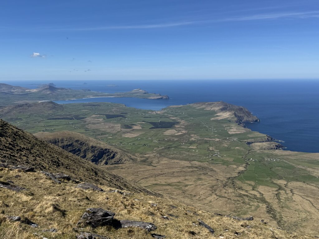 Panoramic views across the Dingle Peninsula and Atlantic Ocean from high on the Mount Brandon Loop.