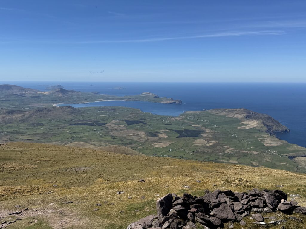 Panoramic Atlantic views across the Dingle Peninsula from high on the Mount Brandon Loop.