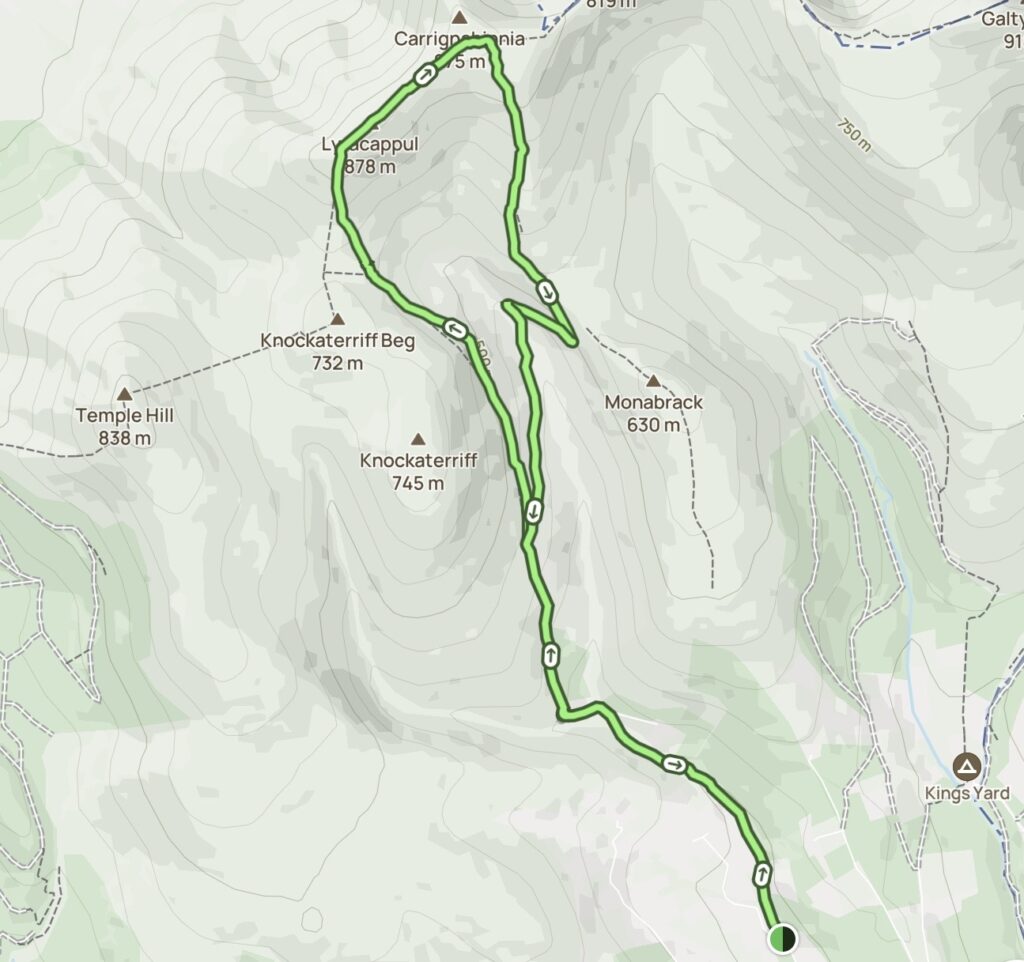 Map showing the hiking route through the Galtee Mountains, passing between Knockaterriff and Monabrack before climbing onto the high ridge near Lyracappul.