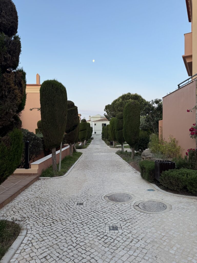 Tree-lined cobblestone walkway between pastel-coloured holiday apartments at Baía da Luz, our accommodation during a week in the Algarve with a 3 year old.