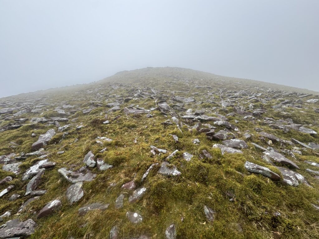 Steep rocky mountainside covered with loose stones and patches of grass, rising into low cloud on the upper slopes of the Galtees.