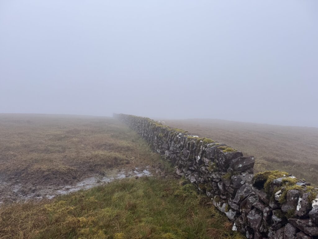 Long dry-stone wall on the Lyracappul Loop disappearing into dense mist across the high ridge of the Galtee Mountains.